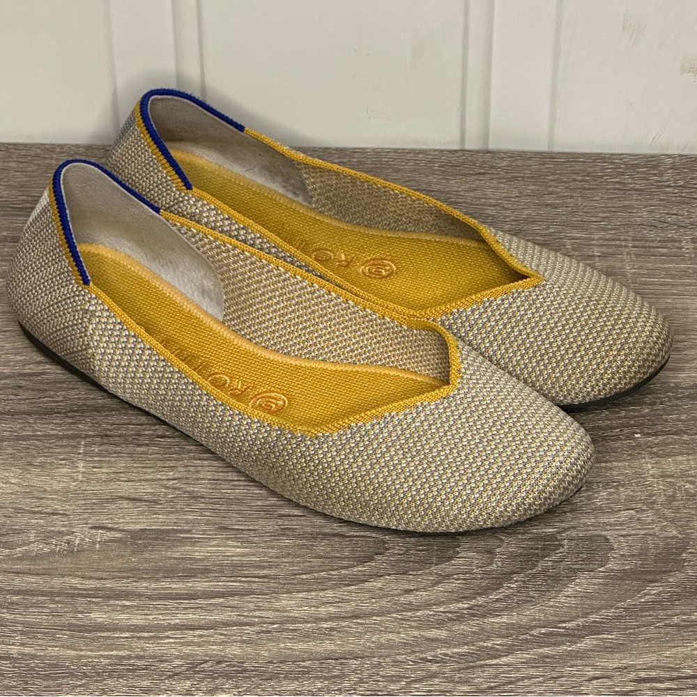Rothy's Beige Woven Flats with Yellow & Blue Trim